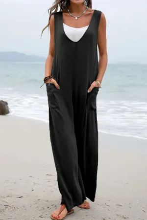 JB656 Sleeveless V Neck Wide Leg Jumpsuit