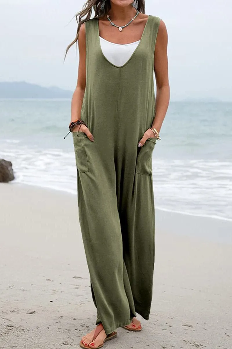 JB656 Sleeveless V Neck Wide Leg Jumpsuit