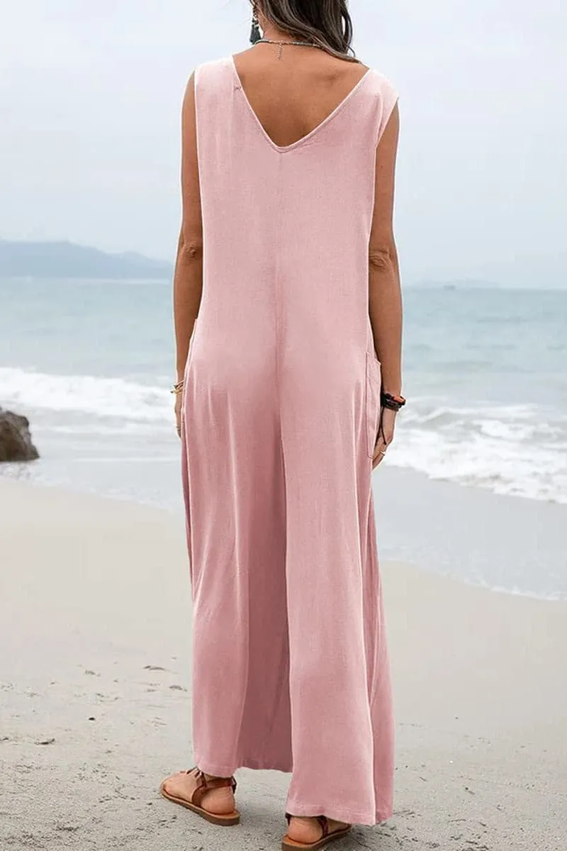 JB656 Sleeveless V Neck Wide Leg Jumpsuit