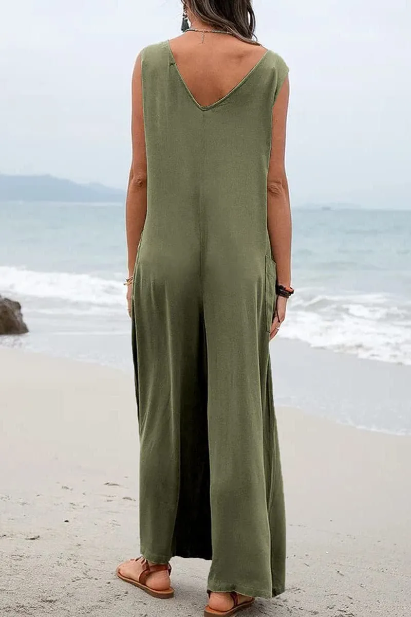 JB656 Sleeveless V Neck Wide Leg Jumpsuit