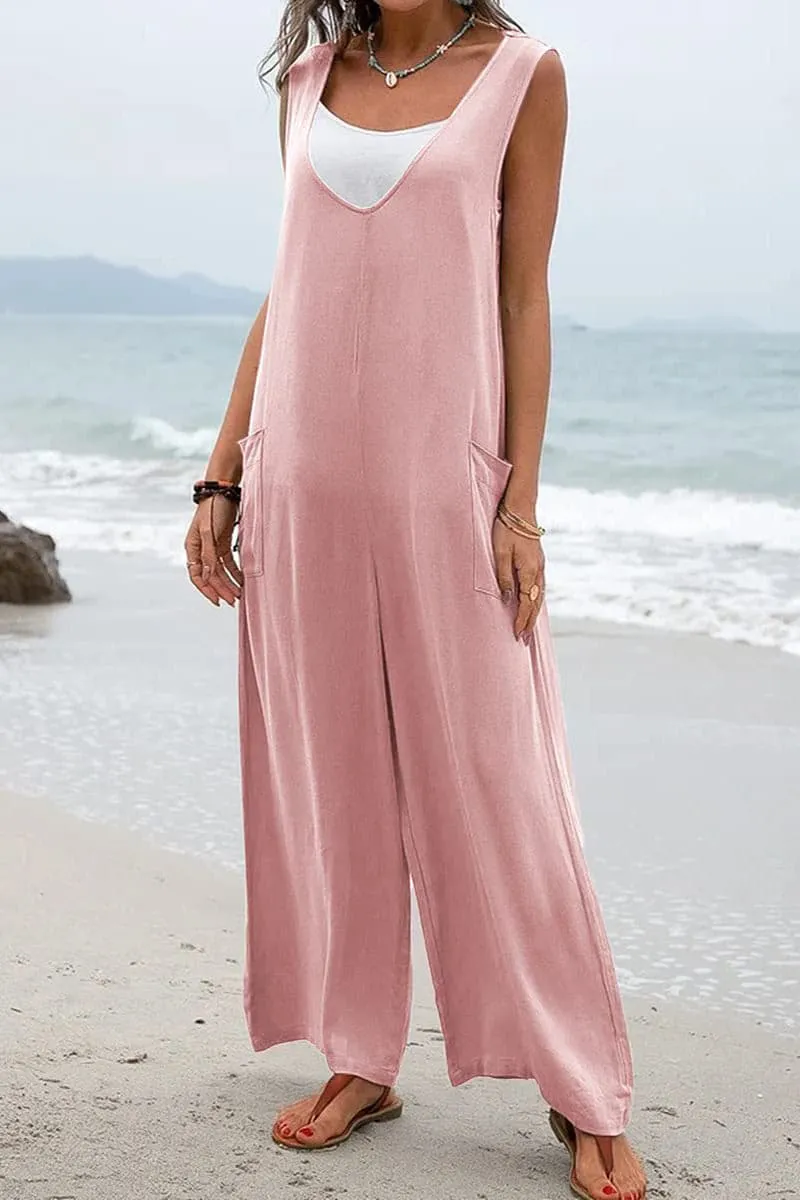 JB656 Sleeveless V Neck Wide Leg Jumpsuit