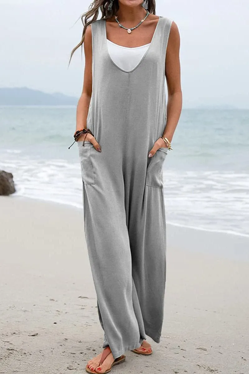 JB656 Sleeveless V Neck Wide Leg Jumpsuit