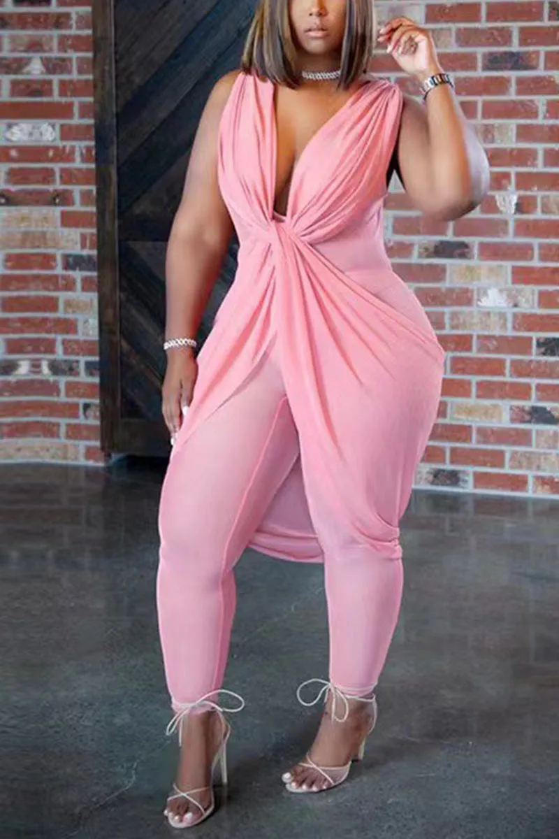 JD1031 Plunging Sleeveless Mesh Jumpsuit