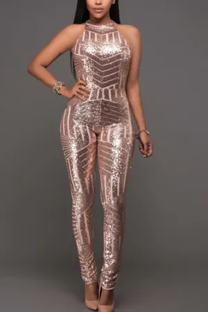 JD656 Bodycon Sequin Halter Sleeveless Backless Pencil Jumpsuit