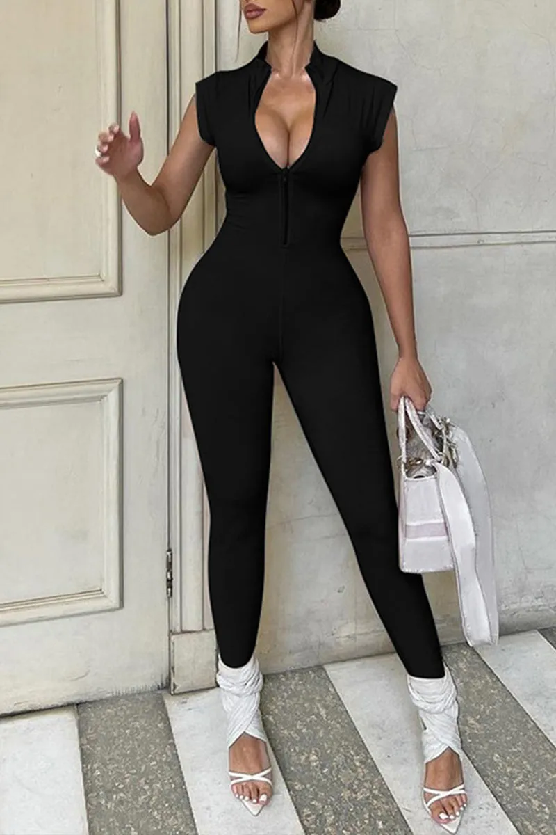 JE412 Zip Up Fitted Jumpsuits