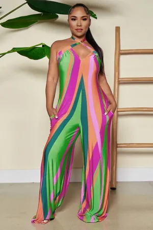 JE808 Graphic Halter Backless Jumpsuit