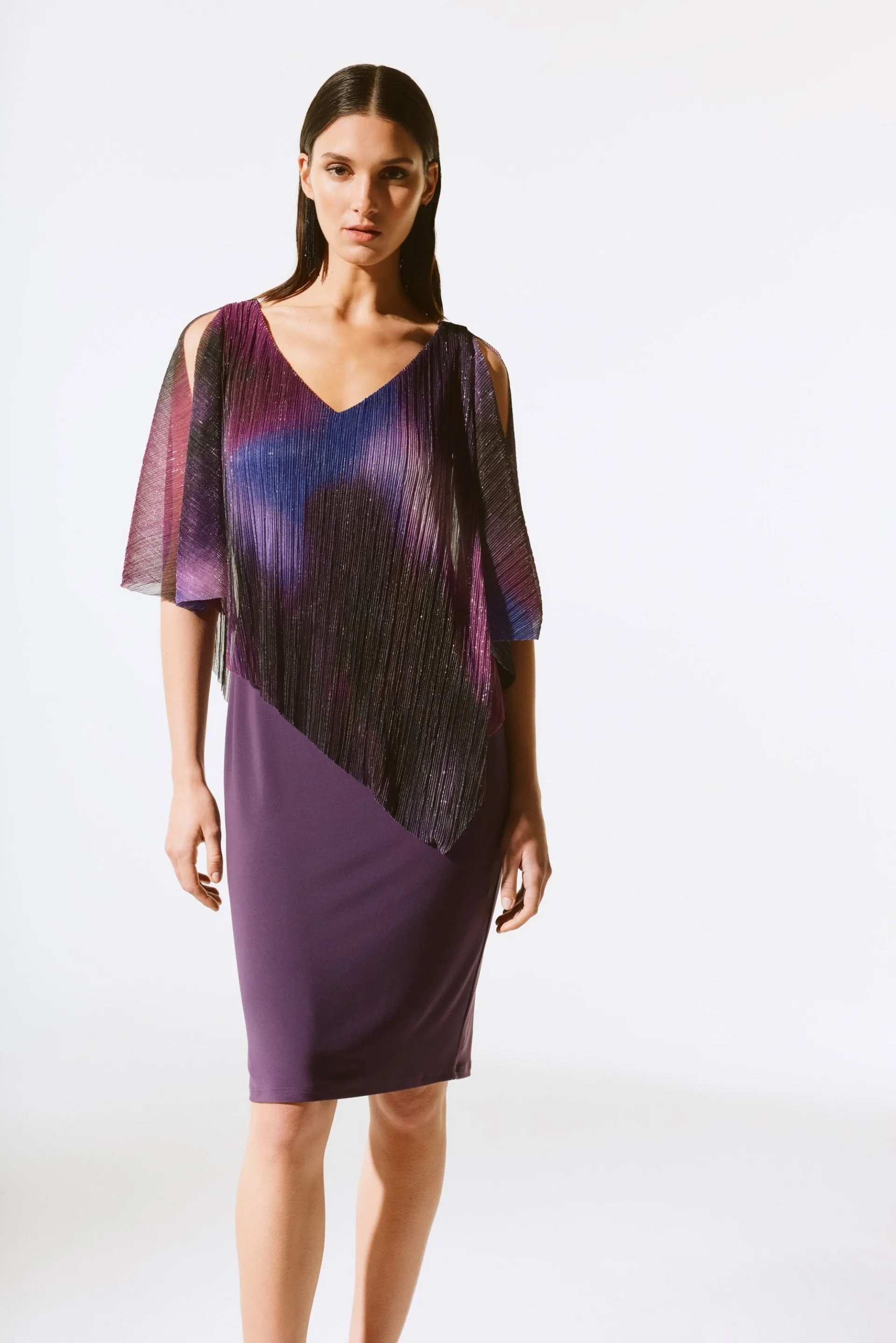 Joseph Ribkoff Black Currant/Multi Metallic Pleated Overlay Sheath Dress 243718