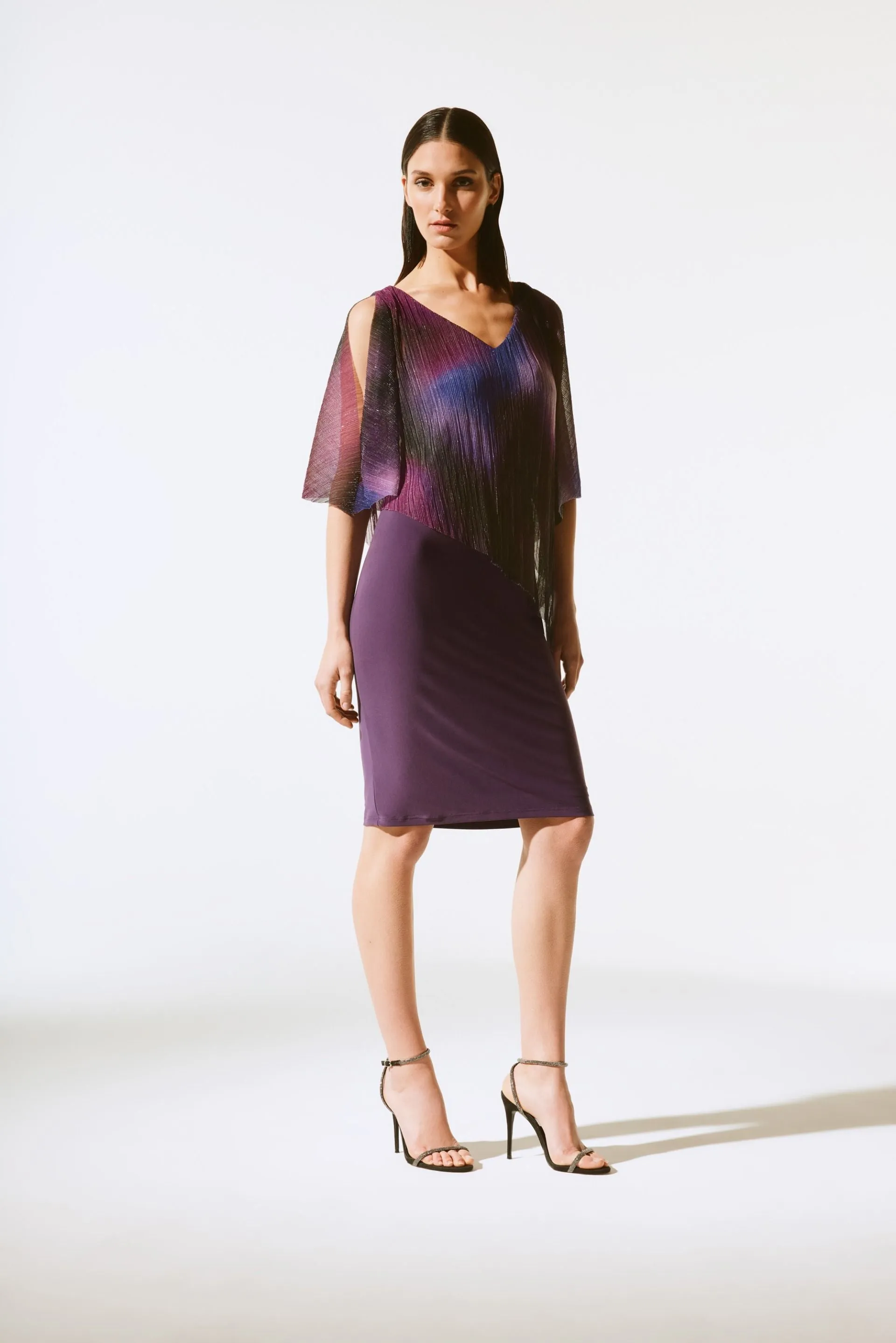 Joseph Ribkoff Black Currant/Multi Metallic Pleated Overlay Sheath Dress 243718