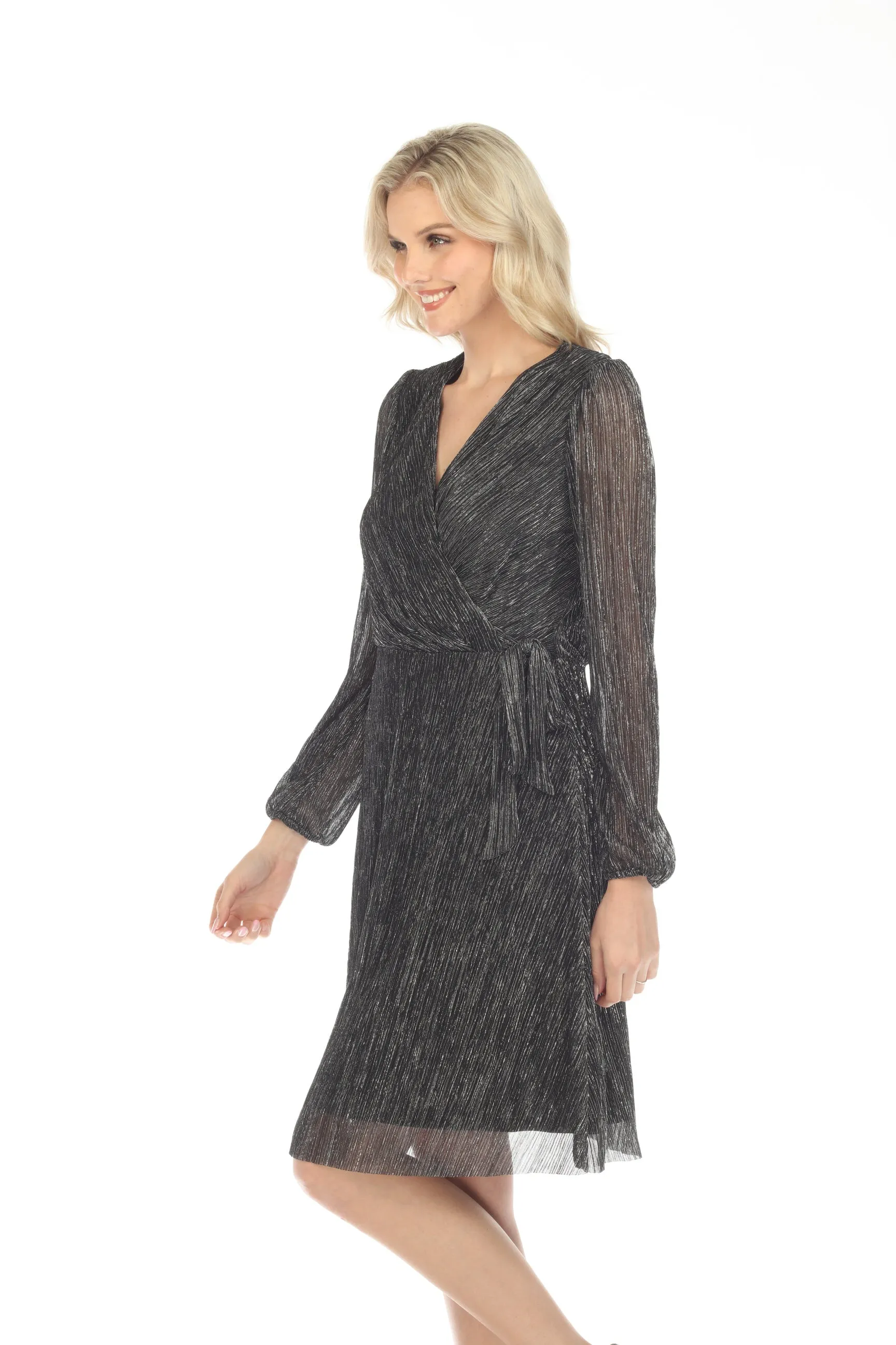 Joseph Ribkoff Black/Silver Metallic Faux Wrap A-Line Dress 234709