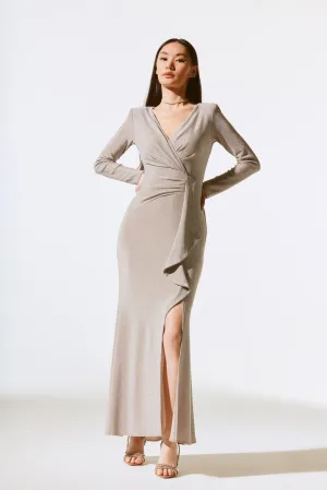 Joseph Ribkoff Nude Sparkly Ruffled Side Slit Long Dress 243793