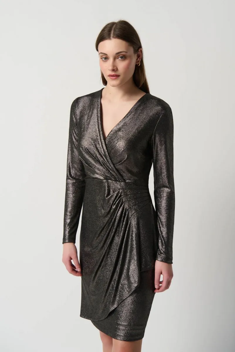 Joseph Ribkoff Pewter Metallic Pleated Faux Wrap Sheath Dress 234124