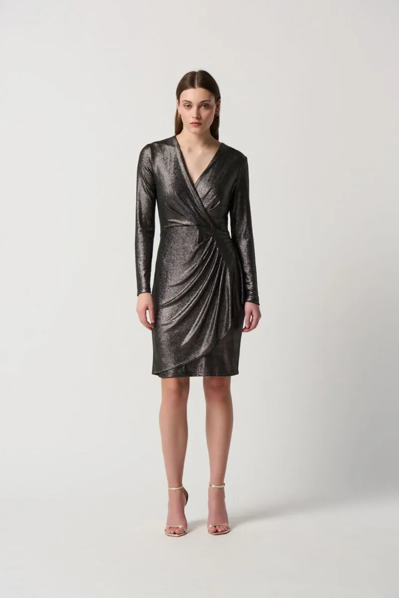 Joseph Ribkoff Pewter Metallic Pleated Faux Wrap Sheath Dress 234124