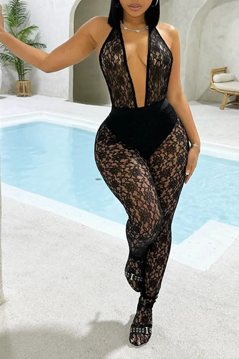 JS3171 Lace Halter Jumpsuits