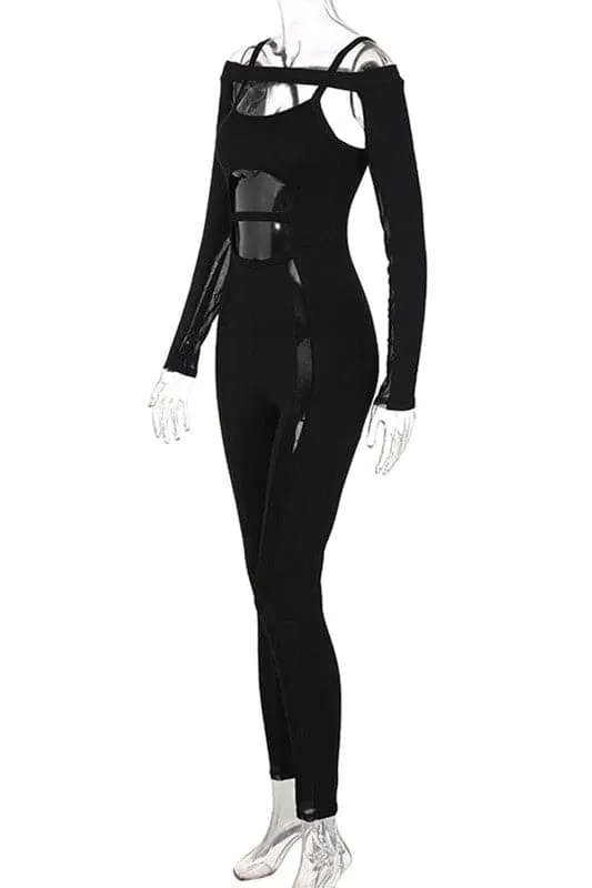 JT688 Black Mesh Bodycon Jumpsuits