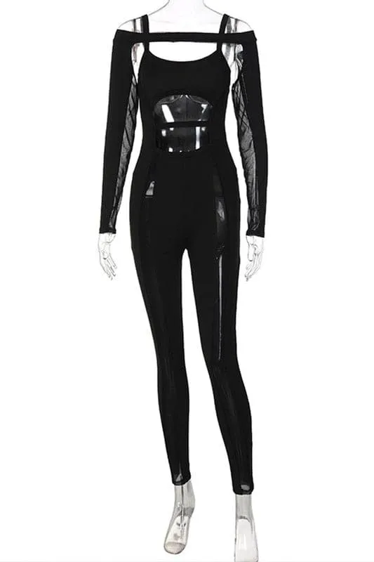 JT688 Black Mesh Bodycon Jumpsuits