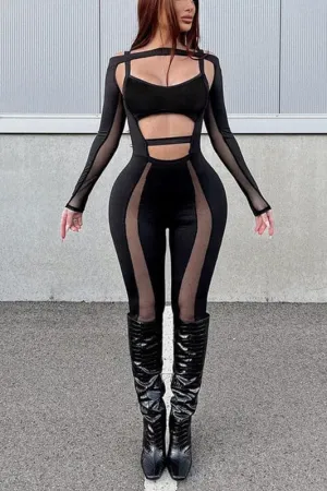 JT688 Black Mesh Bodycon Jumpsuits