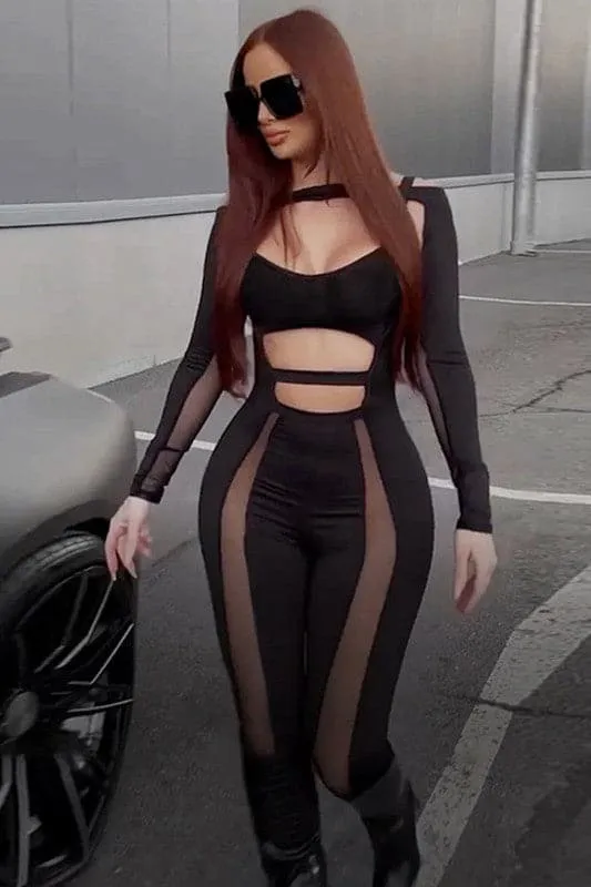 JT688 Black Mesh Bodycon Jumpsuits