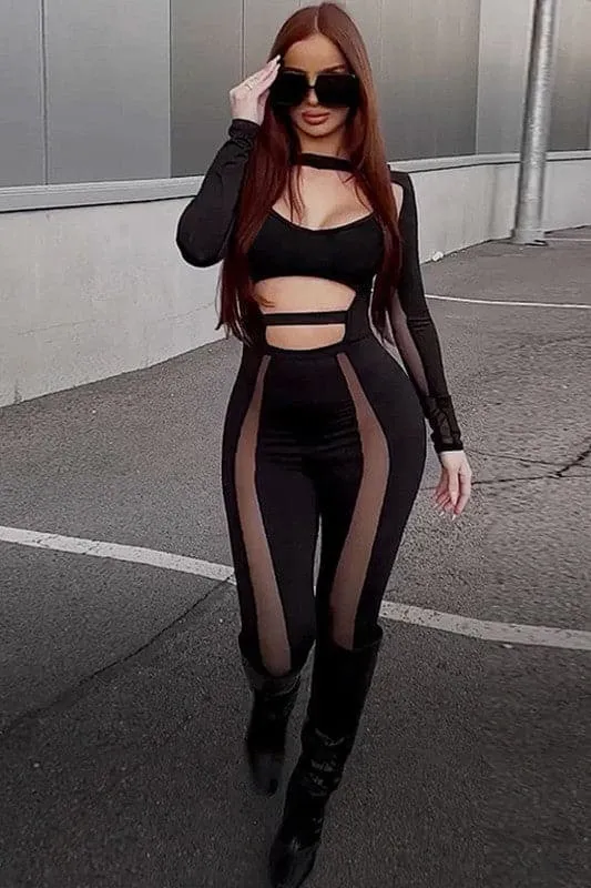 JT688 Black Mesh Bodycon Jumpsuits