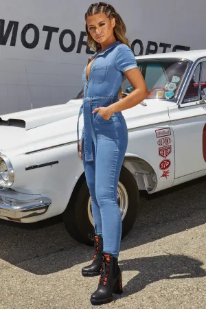 Jump Start Petite Denim Belted Boiler Suit in Blue