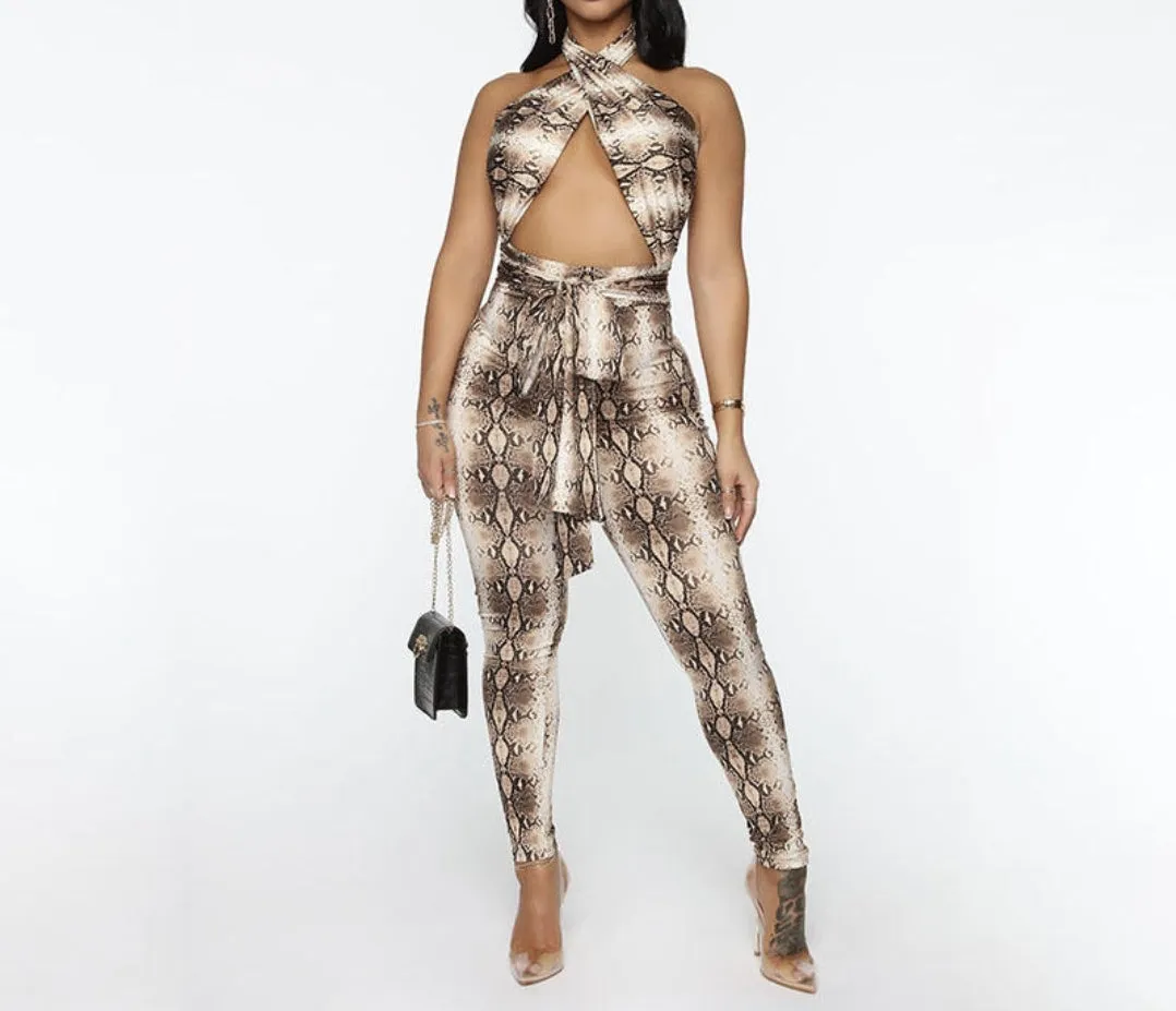 JUMPSUIT ANIMAL PRINT SNAKESKIN JUMPSUIT.Women's Snake Print Cross Halter Bodycon Jumpsuit Hollow Out Backless Sexy Bodysuit Club Street Summer Autumn Romper