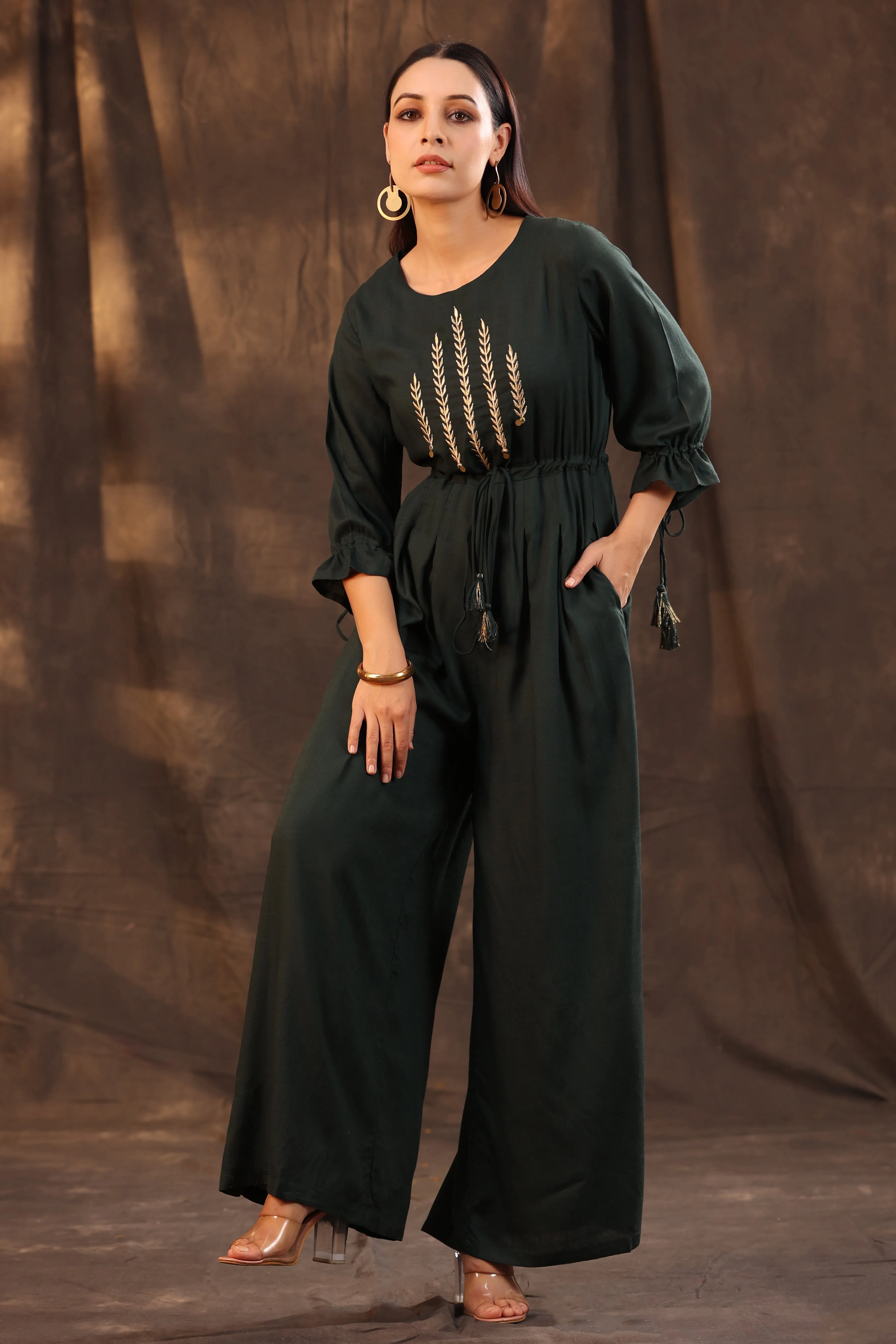 Juniper Jade Green Ethnic Motif Printed Rayon Slub Jumpsuit With Zari Work Embroidery