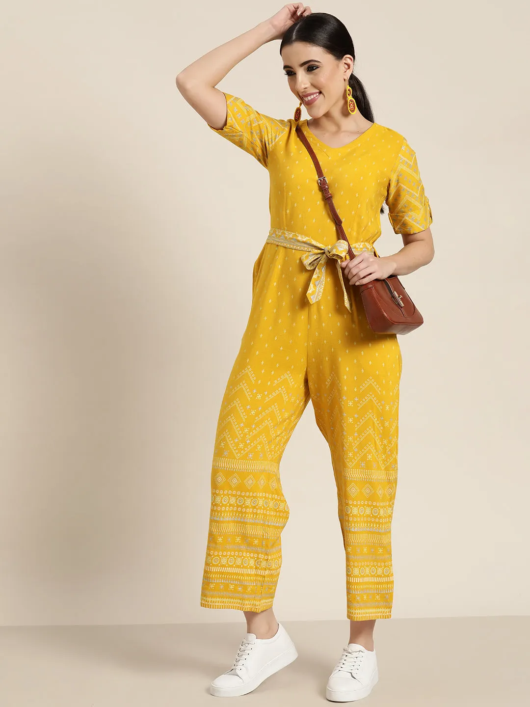 Juniper Mustard Ethnic Motif Printed Rayon Flex Jumpsuit.