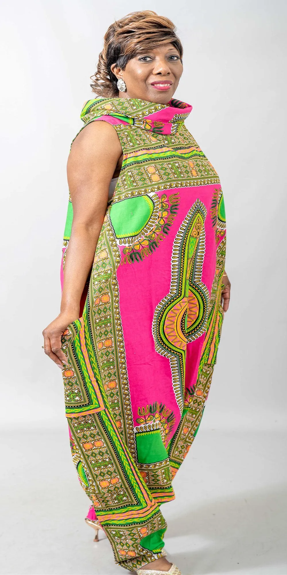 Karachic 251DAS - Pink Green - Dashiki Print Convertible Jumpsuit Dress with Cowl Neck