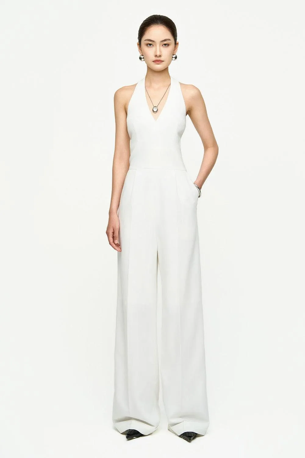 Katie Halter Side Pocket Twill Floor Length Jumpsuit