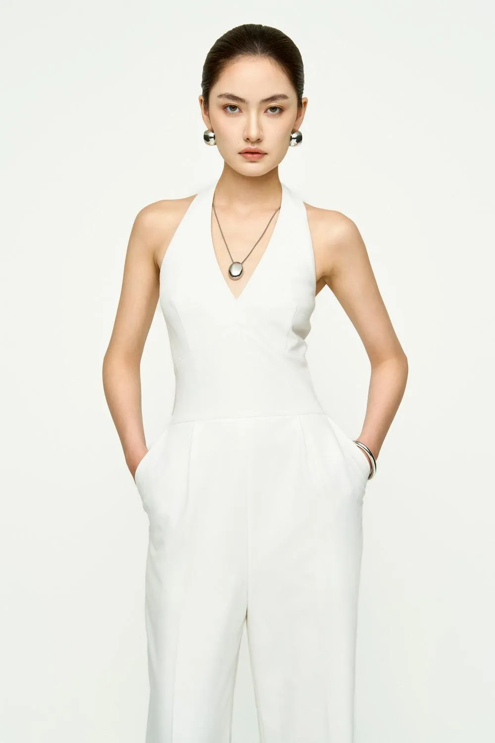 Katie Halter Side Pocket Twill Floor Length Jumpsuit