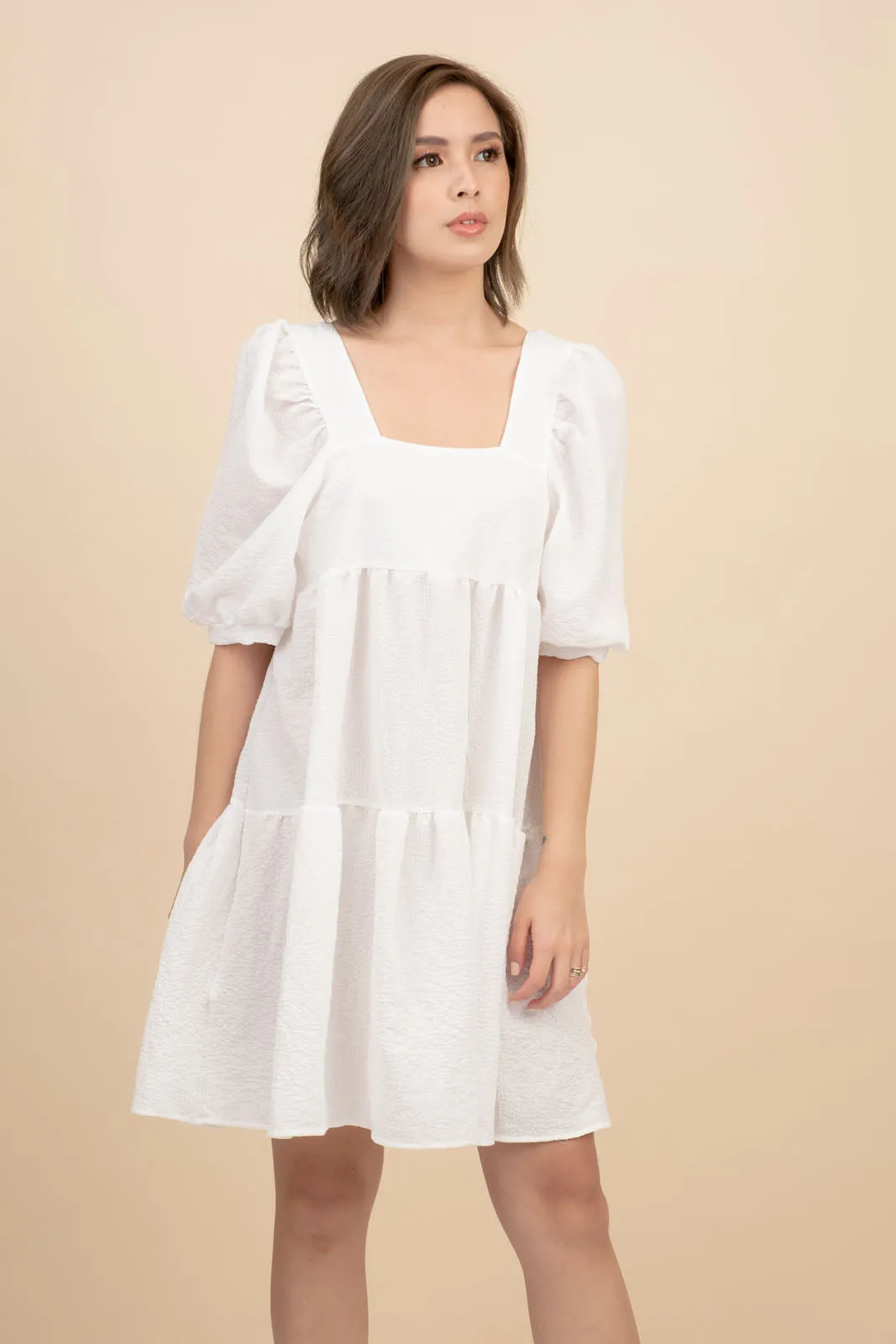 Kattie White Babydoll Dress Textured Fabric