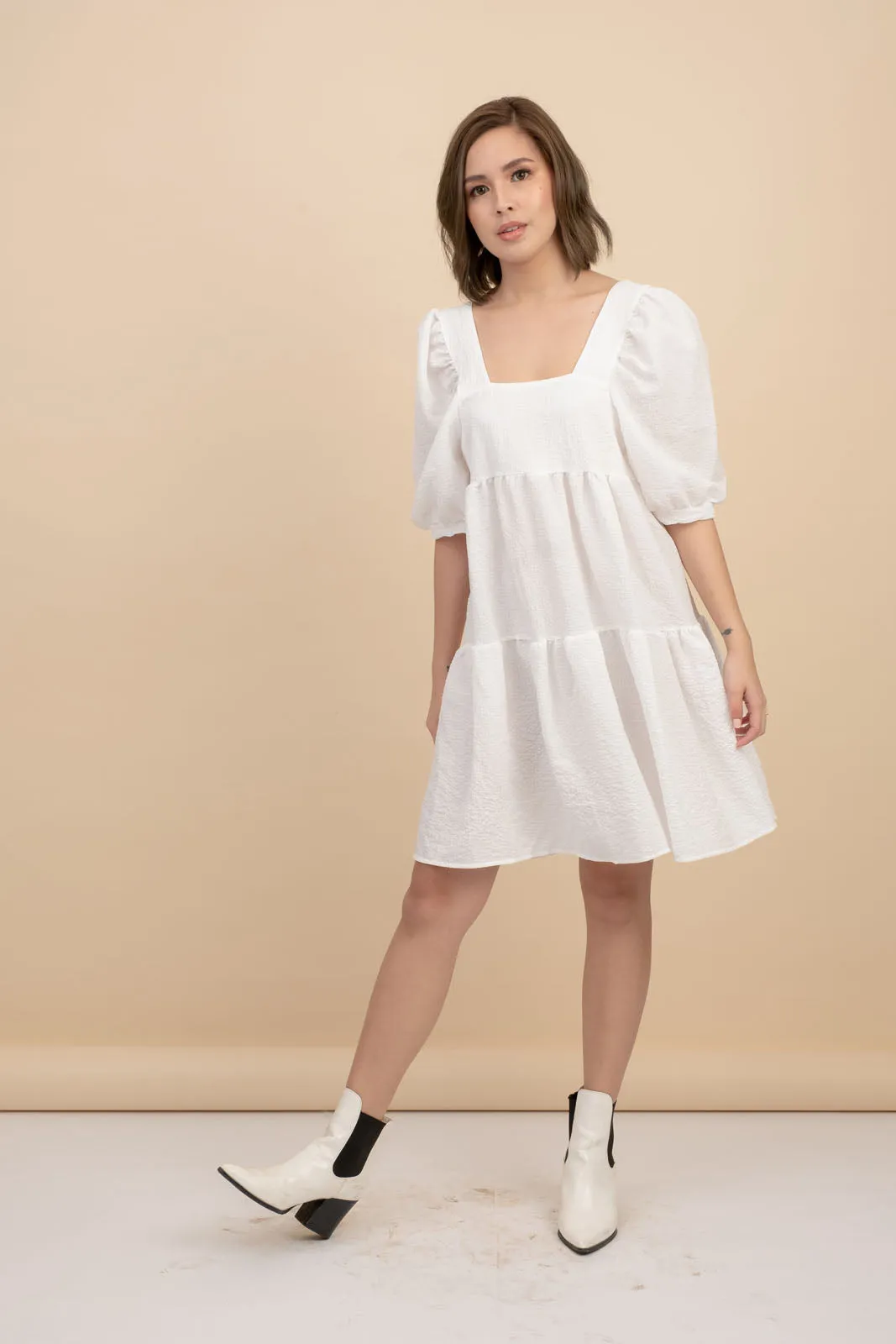 Kattie White Babydoll Dress Textured Fabric