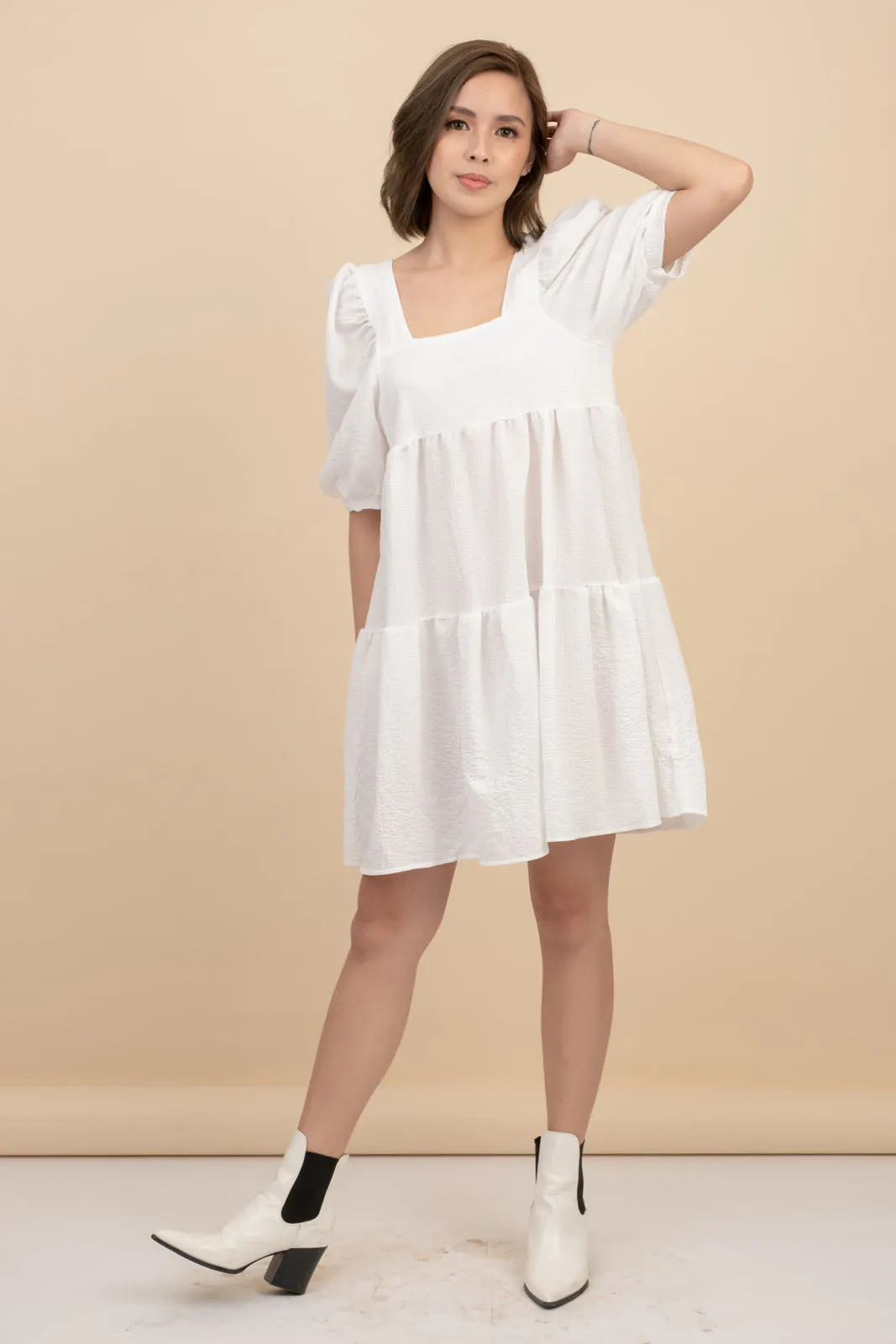 Kattie White Babydoll Dress Textured Fabric