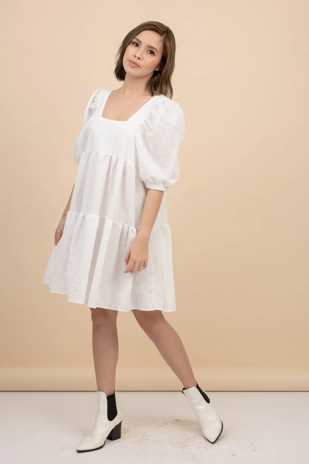 Kattie White Babydoll Dress Textured Fabric