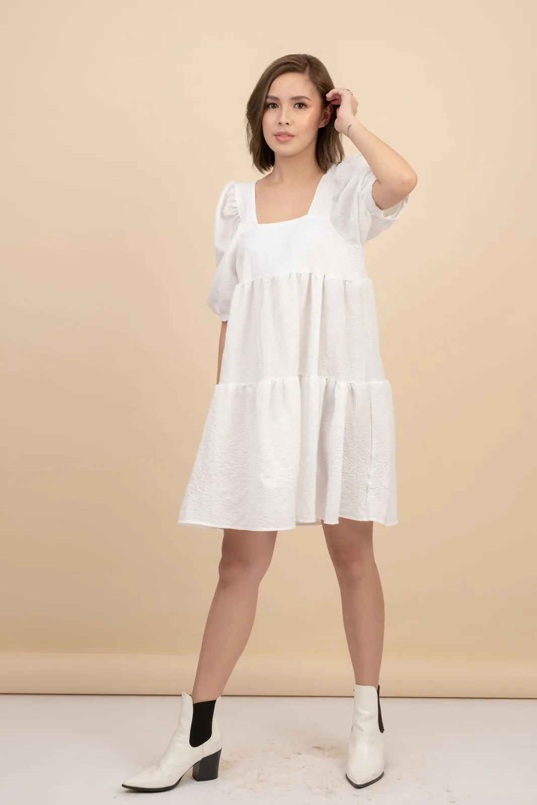 Kattie White Babydoll Dress Textured Fabric