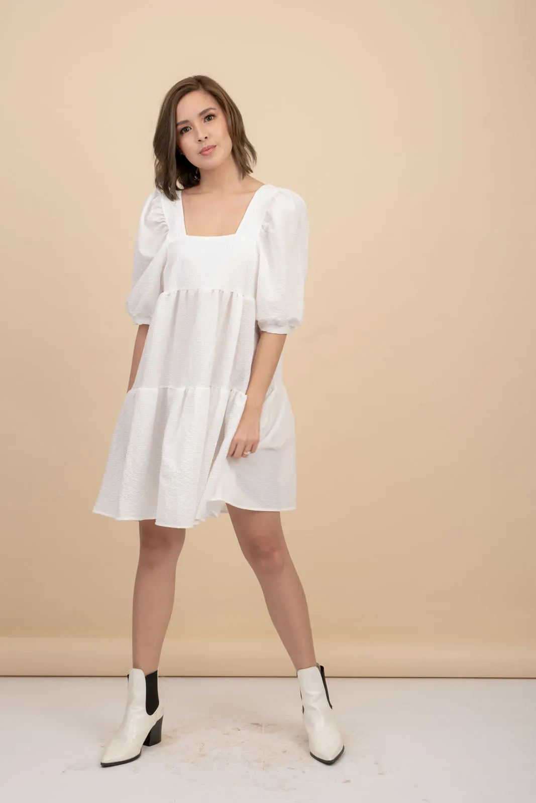 Kattie White Babydoll Dress Textured Fabric