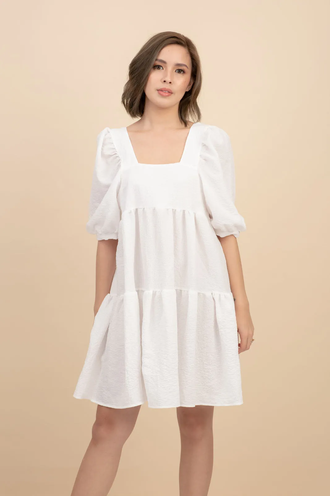 Kattie White Babydoll Dress Textured Fabric