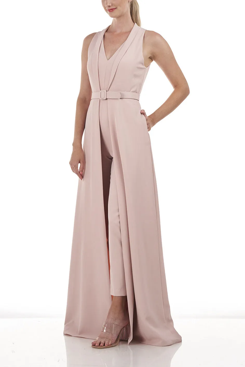 Kay Unger V-neck sleeveless zipper back tapered leg belted stretch crepe walk thru jumpsuit