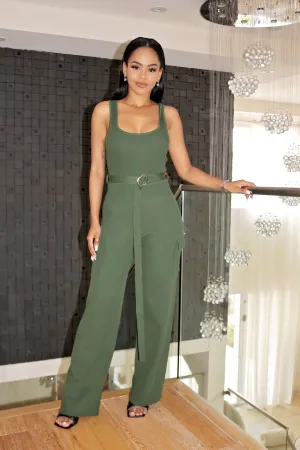 Knit Self Tie Strap Jumpsuit Olive