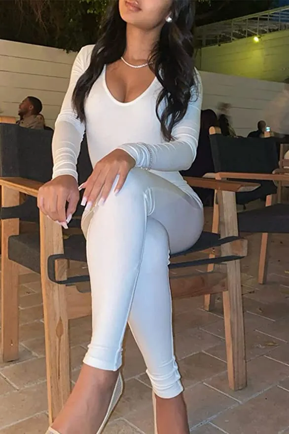 Knit White Long Sleeve Scoop Neck Jumpsuit