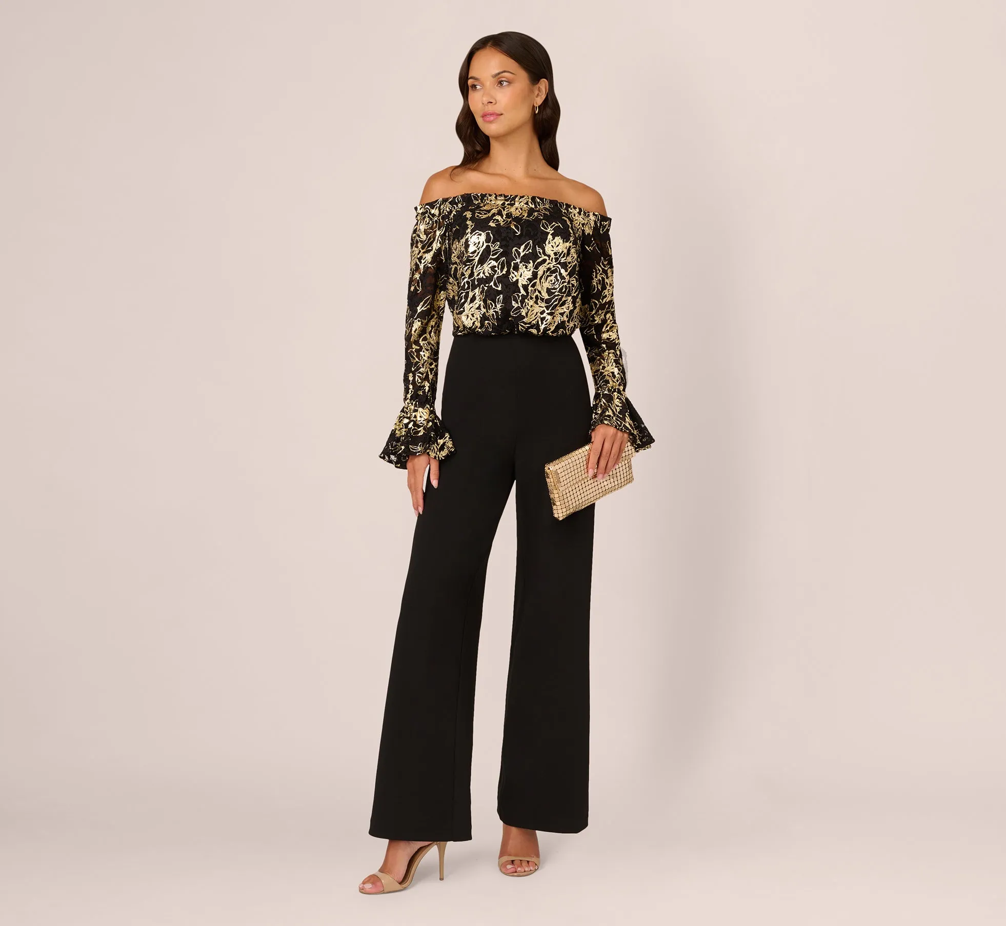 Lace And Crepe Jumpsuit In Black Gold