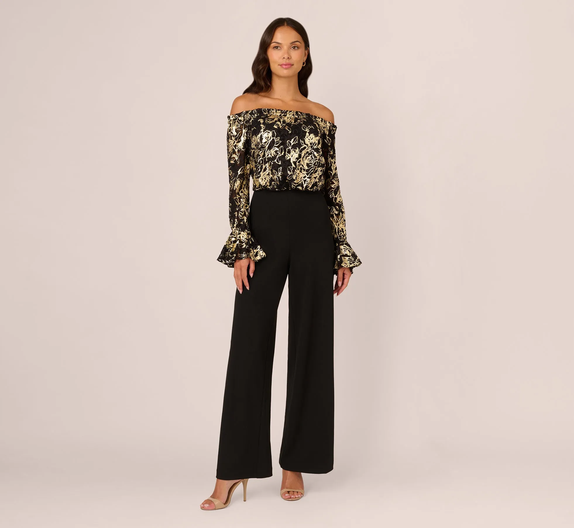 Lace And Crepe Jumpsuit In Black Gold