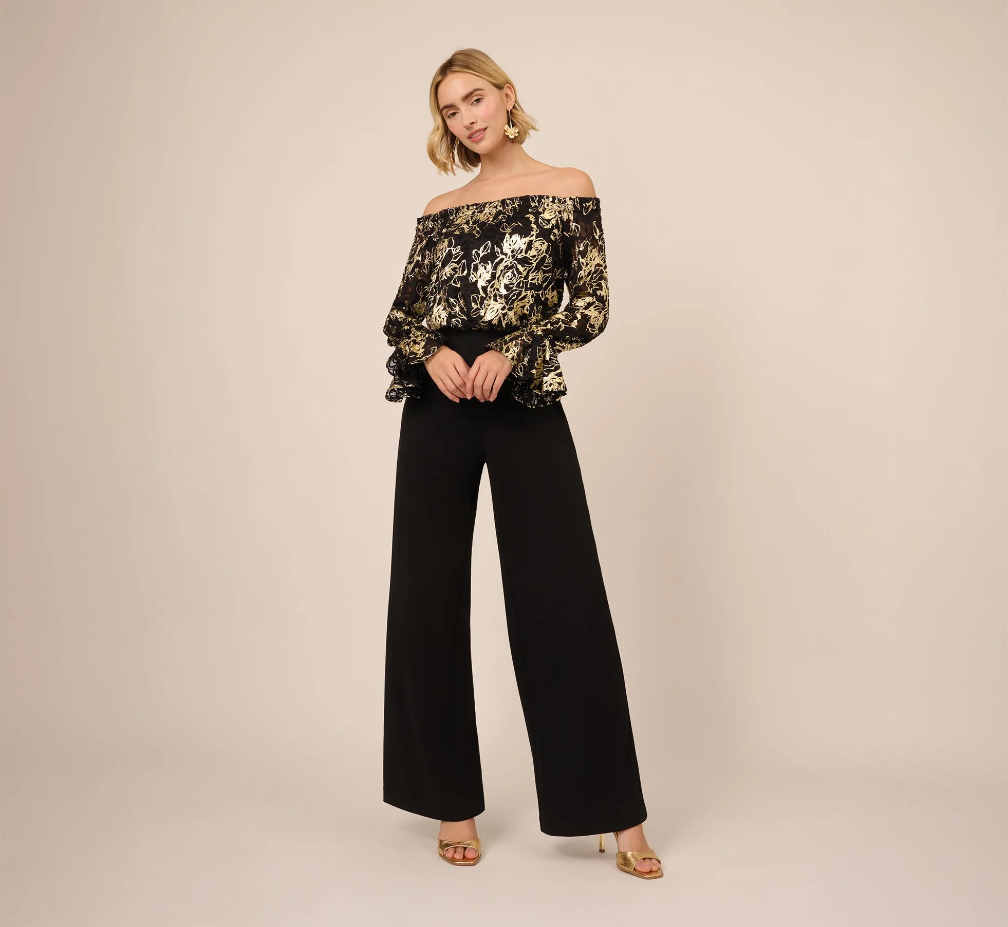 Lace And Crepe Jumpsuit In Black Gold