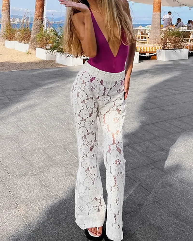 Lace Lace Hollow Out Flared Trousers