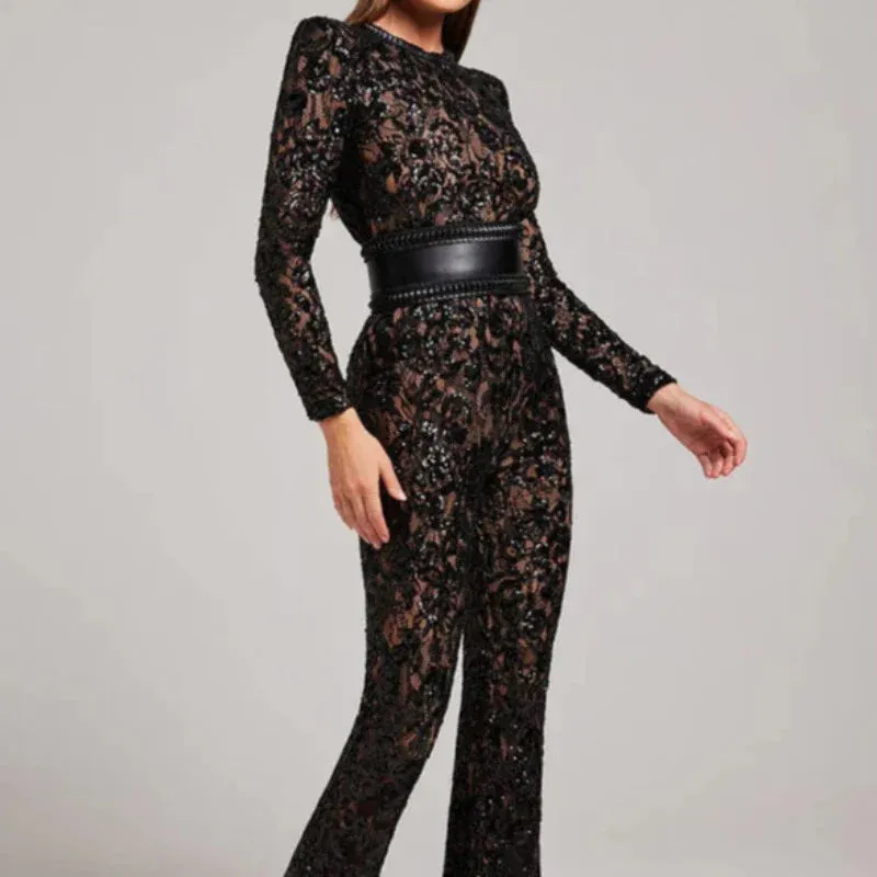 Lace Long Sleeve Flare Jumpsuit