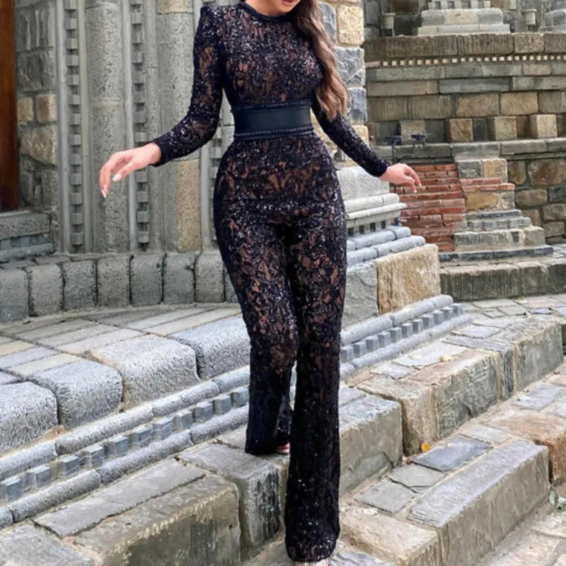 Lace Long Sleeve Flare Jumpsuit