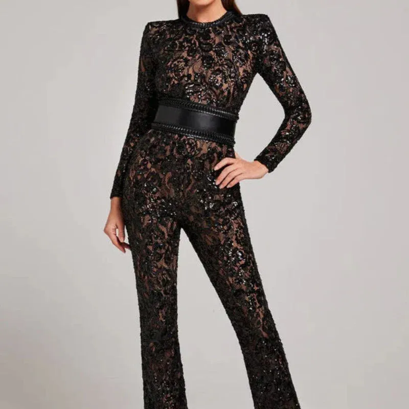 Lace Long Sleeve Flare Jumpsuit