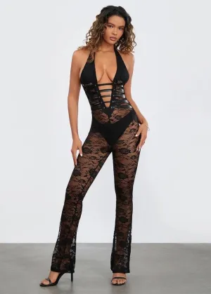 Lace-Up Back Halter Floral Lace Jumpsuit