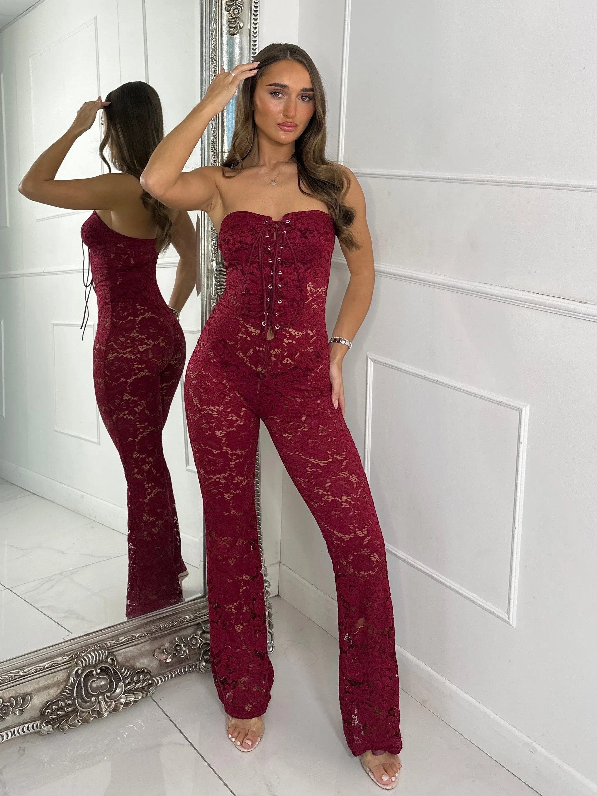 Lace Up Detail Jumpsuit - Wine