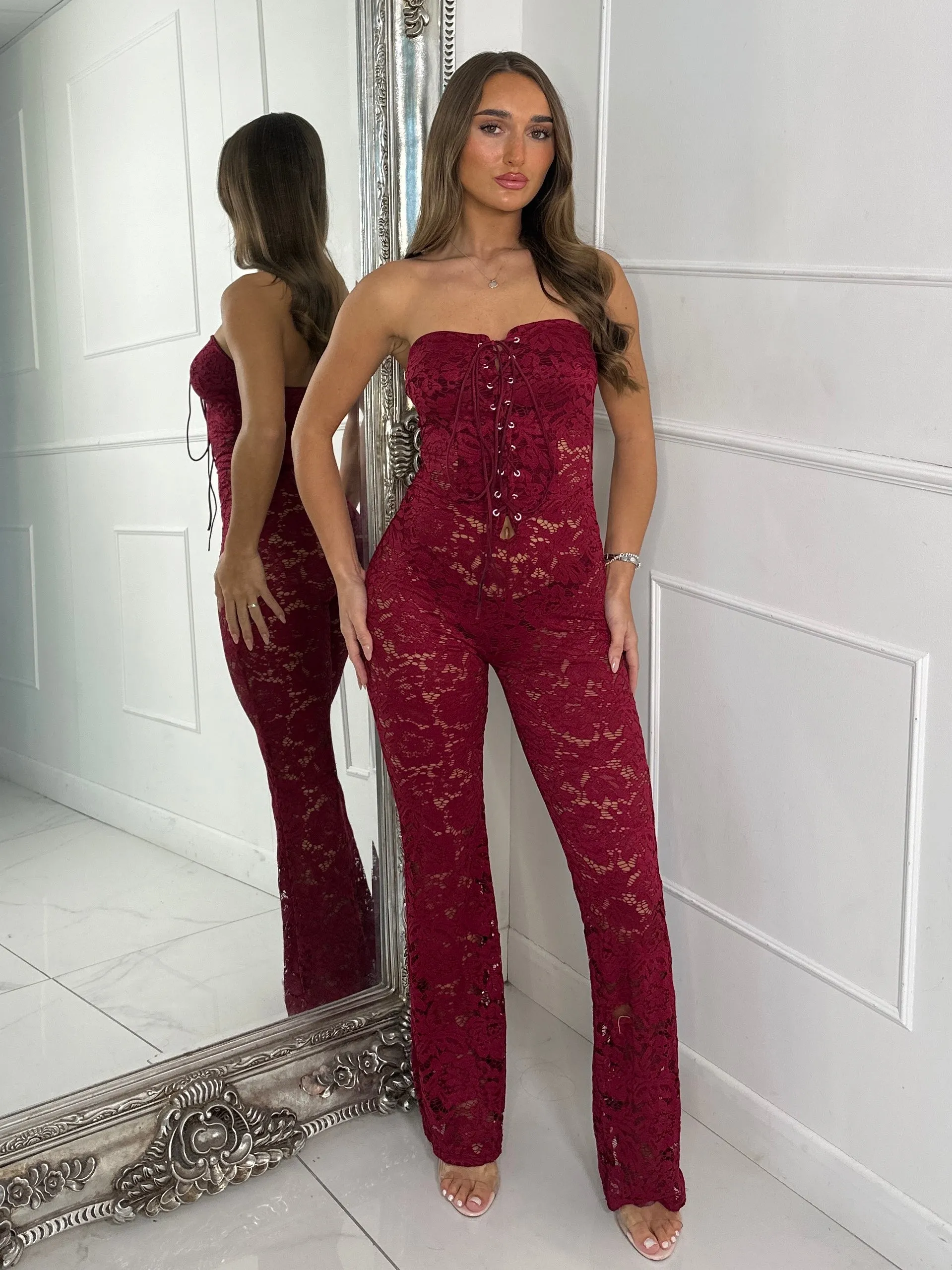 Lace Up Detail Jumpsuit - Wine