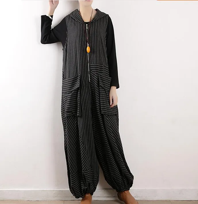 large Pockets Striped Loose Cotton Women Casual Jumpsuits PZ97251